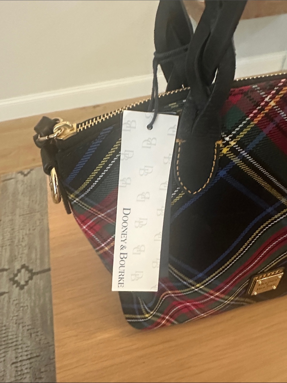 Dooney & Bourke Black Tartan Plaid Satchel with Red & Blue Accents - Picture 2 of 5